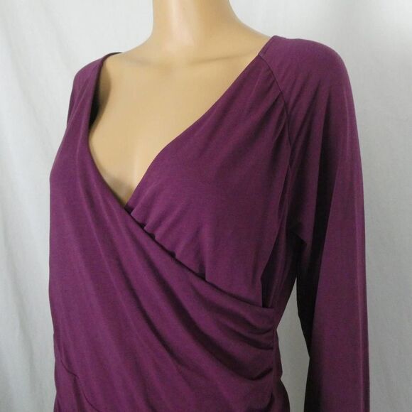 Garnet Hill Juliet Faux Wrap V Neck Draped Ruched Long Sleeve Blouse Top Purple - Picture 2 of 12